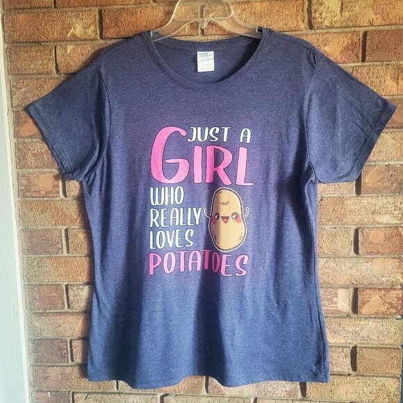 Port and Company Tops - FUN! FUN! Graphic Women's Funny Potato Short Sleeve Blue T-Shirt - Size XL